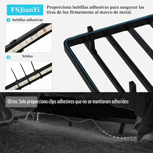 Vista 6 de Base de cama flotante con luces LED y estación de carga - Base de cama moderna de plataforma metálica con juntas de colchón - Libre de ruido,
