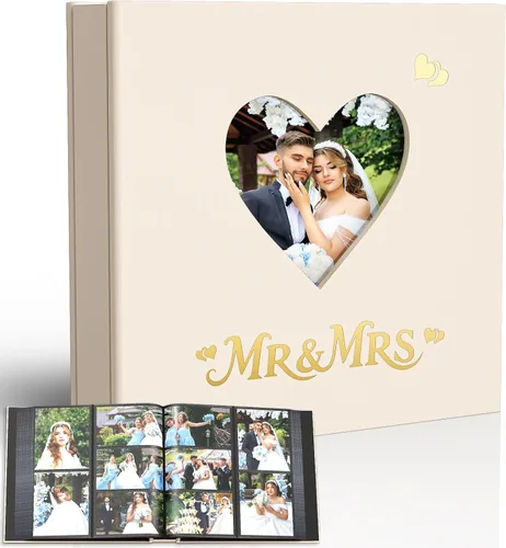 Vista 12 de Álbum de fotos de boda de 4 x 6 pulgadas con 400 bolsillos, libro de recuerdos de cuero beige grabado personalizado para compromiso, despedida