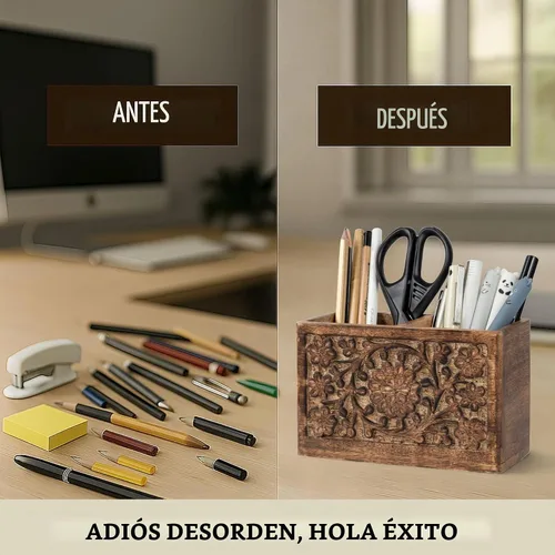 Vista 4 de Mie Creations Soporte rústico para lápices con 2 ranuras para organizador de escritorio, soporte de madera tallada a mano para mesa de escritorio