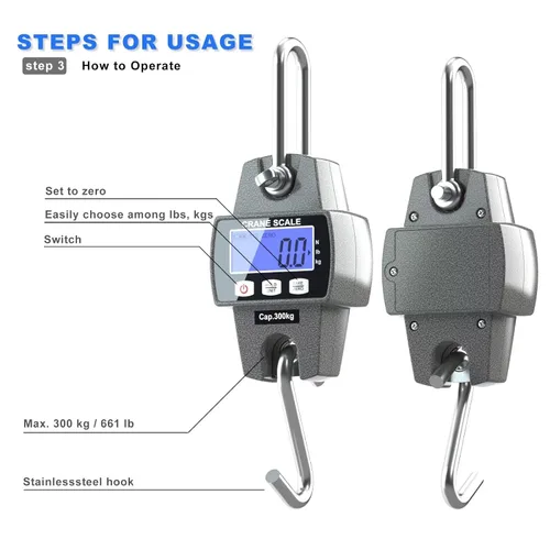 Vista 6 de Báscula digital portátil de 661.4 lbs con ganchos, báscula de juego de alta precisión, báscula electrónica resistente para colgar en granja, caza