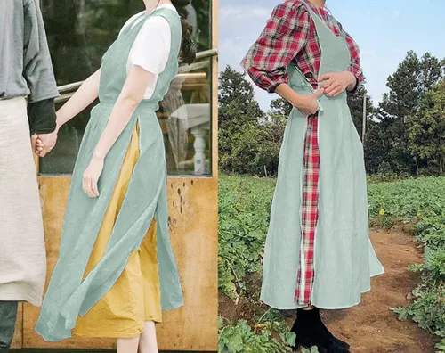 Vista 5 de Delantal plisado vintage para mujeres y niñas, cuello en V, para jardinería, de algodón, vestido de pinafore Verde