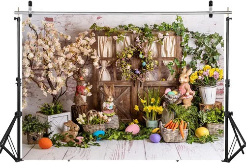 Vista 6 de Telón de fondo de Pascua de primavera de 7 x 5 pies, fondo de fotografía de Pascua, conejo, color huevos, flores, fondo de madera rústica, telón