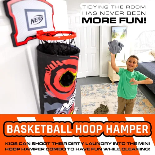 Vista 6 de NERF Cesta de aro de baloncesto – Cesta para ropa sucia sobre la puerta + objetivo de disparo – Mini canasta de aro + juego de baloncesto