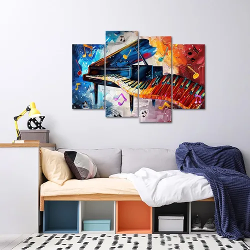 Vista 2 de Biuteawal 4 impresiones en lienzo de piano, notas musicales rojas y azules, arte de pared, teclas de piano, impresiones de imágenes, decoración