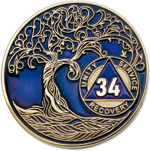 Vista 49 de 1 año Sobriety Mint Twisted Tree of Life Medallón de recuperación AA chapado en oro, chip/ficha - negro