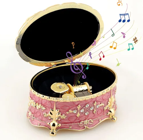 Vista 12 de ROSIKING Caja de música de aleación de metal en relieve en forma de corazón azul, caja musical antigua para joyería con cuerda, regalos