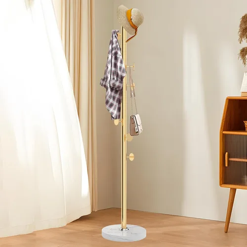 Vista 7 de Perchero Moderno de Metal con Base de Mármol Natural, Perchero Resistente Independiente con 8 Ganchos, Percheros Dorados de Pie Soporte Tipo Árbol