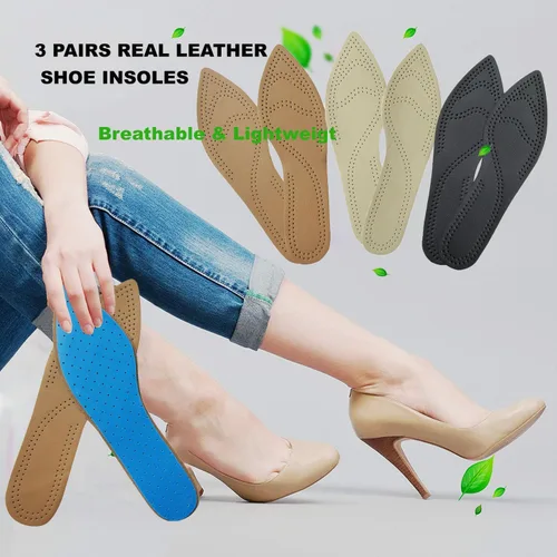 Vista 3 de Bellcon 3 pares de plantillas de cuero para mujer, tacones altos, plantillas de cuero negro, marrón y beige, plantillas de cuero para zapatos