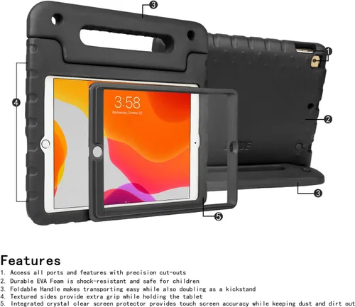 Vista 7 de HDE Funda para iPad de 9ª generación de 10.2 pulgadas para niños con protector de pantalla integrado a prueba de golpes con soporte de asa para Negro