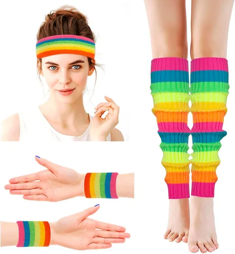 Vista 4 de Calentadores de piernas para mujer, muñequeras con diadema de los años 80, juego de calentadores de piernas de neón para deporte, yoga, ropa