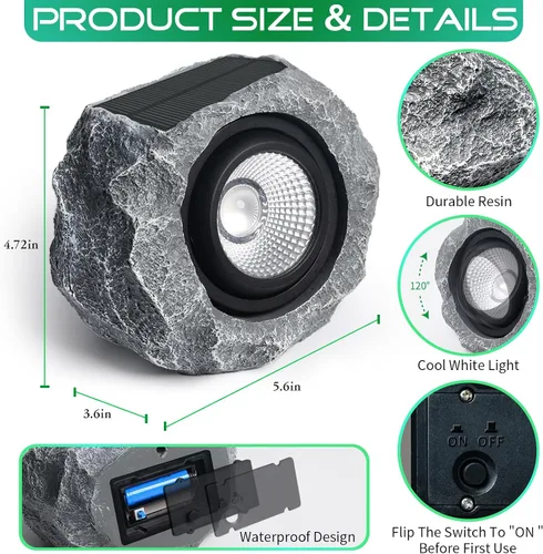 Vista 5 de Luces solares de roca para exteriores, foco de paisaje de roca sintética gris para patio Solar Landscape Lighting, Realistic Gray Rock Design
