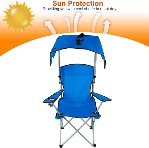 Vista 5 de TeqHome Silla de campamento con toldo de sombra, silla de césped plegable resistente con soporte para tazas, protección solar UPF 50+, silla