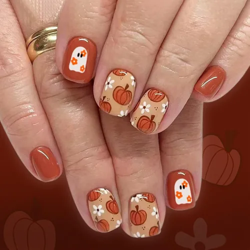 Vista 24 de 24 uñas postizas cuadradas a presión, cortas, bonitas, florales, acrílicas, con diseños de flores de arcoíris, uñas reutilizables con pegamento