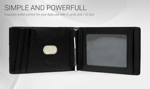 Vista 6 de GULEYRI Cartera delgada de cuero italiano plegable para hombres y mujeres con clip para dinero y bloqueo RFID, soporte minimalista para tarjetas