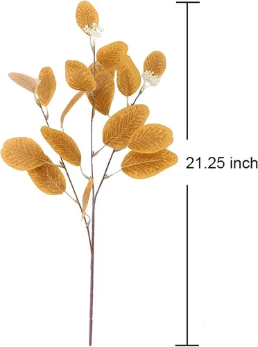 Vista 2 de Emivery Tallos de hojas de eucalipto de otoño, 6 tallos artificiales de follaje de otoño, ramas de eucalipto sintético naranja, decoraciones