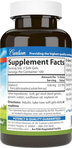 Vista 2 de Carlson - E-Gems, 800 UI (536 mg), salud cardíaca y bienestar óptimo, antioxidante, 100 geles blandos