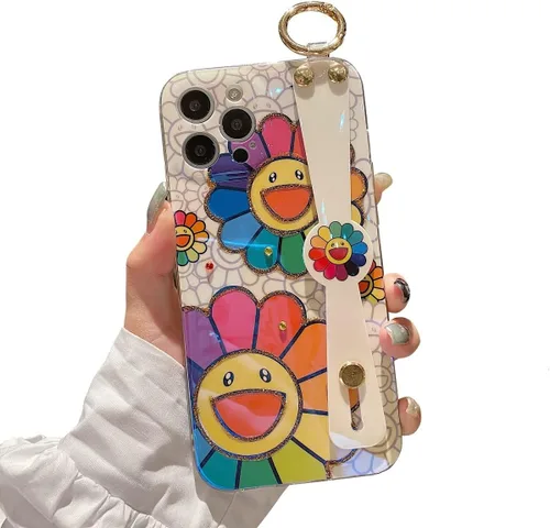 Vista 8 de Funda para iPhone 14 Pro Max con correa para la muñeca, función atril con purpurina de dibujos animados IMD de silicona TPU a prueba de golpes