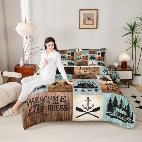 Vista 19 de Juego de edredón Lake House tamaño Twin, juego de ropa de cama náutica de navegación con ancla de 2 piezas para decoración de habitación de niños