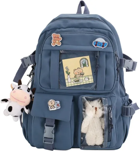 Vista 10 de Mochila Kawaii con lindos accesorios con colgante de pasador de viaje, bolsa grande para portátil al aire libre, impermeable, casual, mochila
