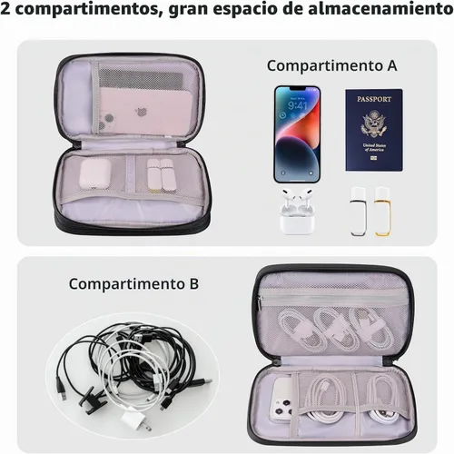 Vista 3 de Cables - Organizador de viaje para hombres y mujeres, para organizar y almacenar accesorios tecnológicos, cables electrónicos (negro, PU-M)