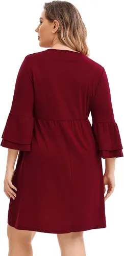 Vista 6 de ShopWonder Vestido casual con cuello en V para mujer, talla grande, manga 34, holgado, con volantes, vestido midi con bolsillos
