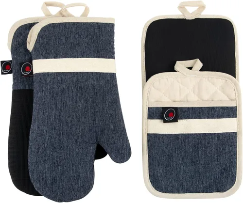 Vista 14 de Juego de guantes de horno y soportes para ollas, 4 piezas de guantes de horno de cocina resistentes al calor de 400 °F para cocina, guantes de horno