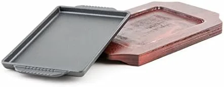 Vista 2 de Plancha para carne de hierro fundido con base de madera, bandeja para carnes, parrilla para servidor, restaurante o uso doméstico