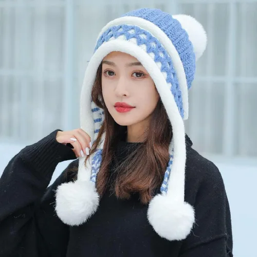 Vista 5 de HUAMULAN Gorro de invierno para mujer, con orejeras, con solapas, sherpa, esquí, nieve, forro polar, 3 pompones