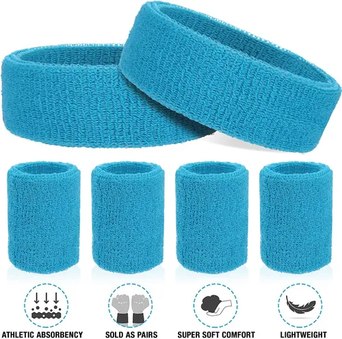 Vista 6 de ASTER Juego de 6 muñequeras para la cabeza, incluye 2 diademas deportivas y 4 pulseras deportivas a rayas coloridas para hombres y mujeres