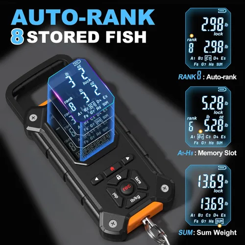 Vista 2 de Báscula digital de pesca de 8 ranuras con pinza de labios y memoria de Negro