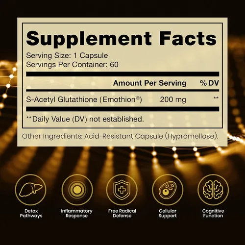 Vista 2 de Pure Therapro Rx S-acetil glutatión oro 200 mg 2 meses de suministro de cápsula resistente a los ácidos Forma acetilada patentada de glutatión