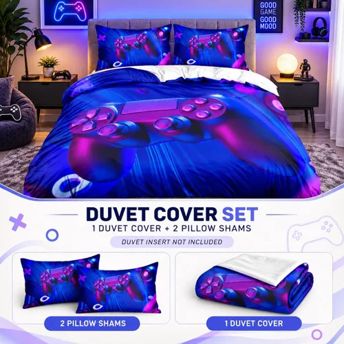 Vista 3 de Juego de funda de edredón de tamaño individual con estampado 3D de Gamepad azul para niños, fundas de edredón y fundas de almohada para dormitorio