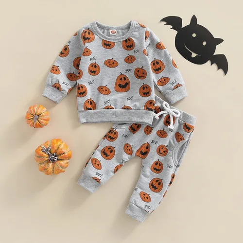 Vista 2 de Halloween Baby Boys Girls Clothes Sets 2pcs Pumpkin Letter Printed Long Sleeve SweatshirtPants 0-3Y