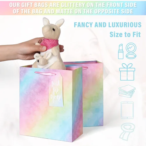 Vista 2 de Paquete de 4 bolsas de regalo con asas, bolsas de regalo de tamaño mediano degradado con purpurina con papel de seda, bolsa colorida de regalo