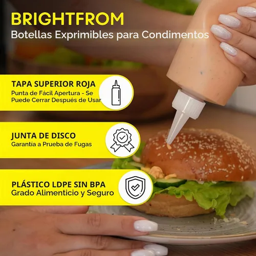 Vista 2 de BRIGHTFROM Botellas vacías de 16 onzas, paquete de 2 recipientes para chorro con parte superior roja, sin BPA para condimentos, jarabe, salsa