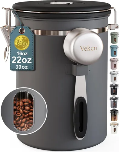 Vista 23 de Veken Recipiente de café con ventana, recipiente hermético de almacenamiento de alimentos de cocina de acero inoxidable con tapas, rastreador