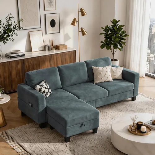 Vista 7 de Sofá modular de 78 pulgadas para sala de estar, sofá azul en forma de L con otomana de almacenamiento, asiento profundo, juego de sofá de tela
