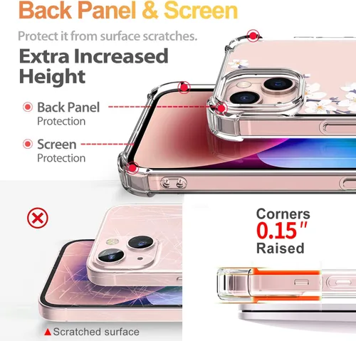 Vista 5 de Funda para iPhone 13 con protector de pantalla con patrón de flores, transparente, a prueba de golpes, funda protectora de poliuretano termoplástico