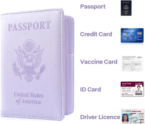 Vista 6 de Soporte para pasaporte y tarjetero de vacuna, cartera para pasaporte, funda para pasaporte con bloqueo RFID, Púrpura, Compacto