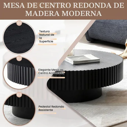 Vista 3 de Mesa de café redonda de 80 cm en madera, mesa de café circular moderna y única, mesa auxiliar contemporánea de roble con forma de tambor y acento