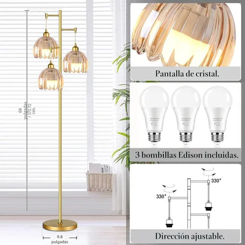 Vista 5 de ZECOXOL Lámparas de pie doradas para sala de estar dormitorio - Lámpara de pie de vidrio de 3 luces con tres bombillas LED, lámpara de pie alta