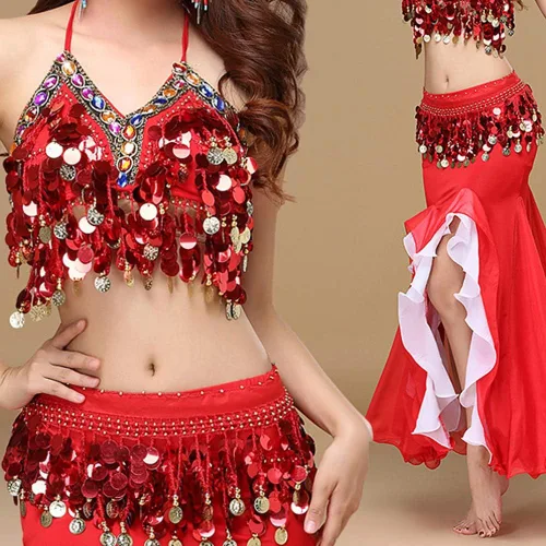 Vista 5 de Pañuelo para danza del vientre, falda para danza del vientre, monedas de lentejuelas brillantes, disfraces de bailarina del vientre para mujer