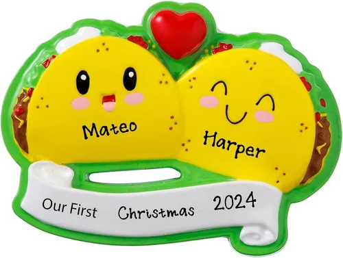Vista 2 de Tacos - Adorno colgante para árbol de Navidad de familia de 2 2024 – Adorno decorativo personalizado de feliz Navidad de familia mexicana
