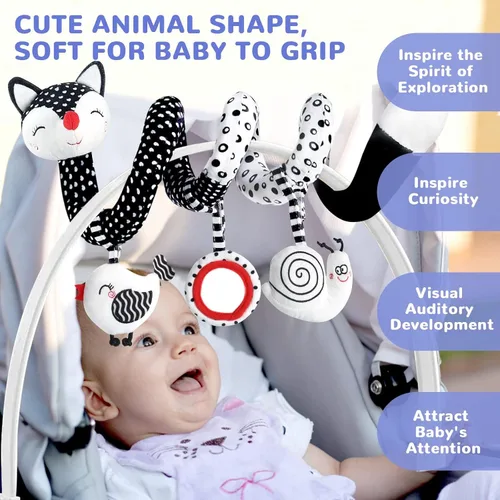 Vista 6 de XIXILAND Juguetes de peluche en espiral para bebé, juguetes de asiento de coche en blanco y negro, juguete de alto contraste para bebés recién