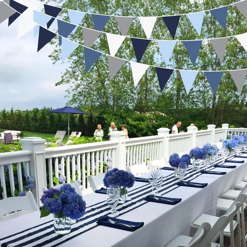 Vista 6 de Decoraciones de fiesta azul profundo de 32 pies, bandera triangular real, banderines de tela para boda, cumpleaños, Ahoy, Achor, pirata náutico