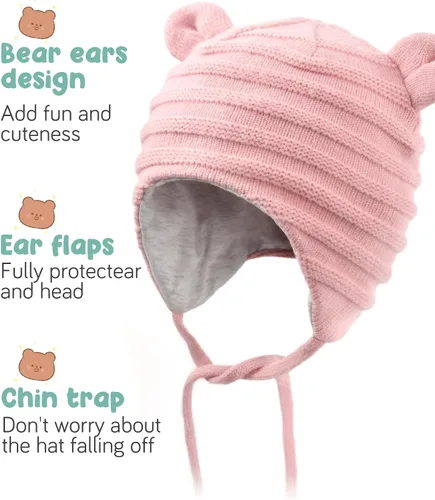 Vista 3 de FURTALK Gorro de invierno para bebé, con orejas de oso para niños y niñas, forro de algodón, gorro de punto
