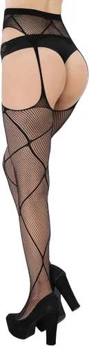 Vista 5 de Boao 4 pares de medias con tirantes de encaje para mujer, medias altas hasta el muslo, medias de red para fiesta de Halloween