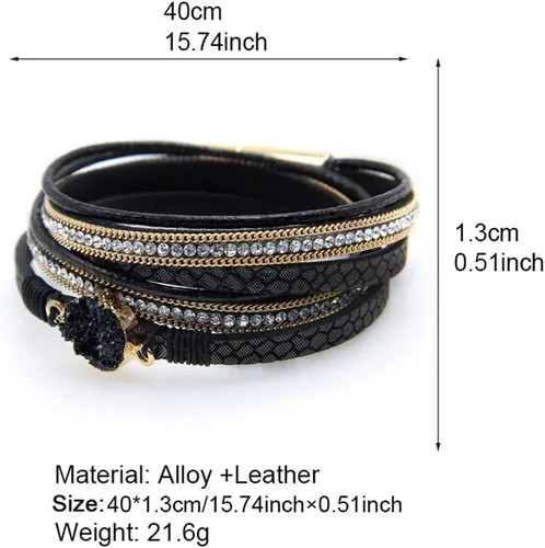Vista 3 de Fesciory - Pulseras envolventes de cuero para mujer, brazaletes con cuentas de cristal de leopardo, estilo bohemio, multicapa