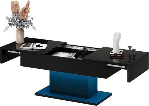 Vista 6 de Mesa de café negra moderna con almacenamiento oculto para sala de estar, mesa central rectangular de sala de estar con tapa deslizante y luces LED