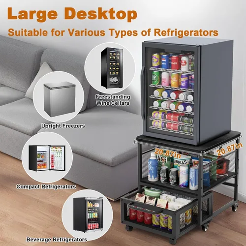 Vista 3 de Mini soporte para refrigerador de 21 x 21 pulgadas con almacenamiento, mini mesa de refrigerador resistente con 4 ruedas bloqueables para cafetería